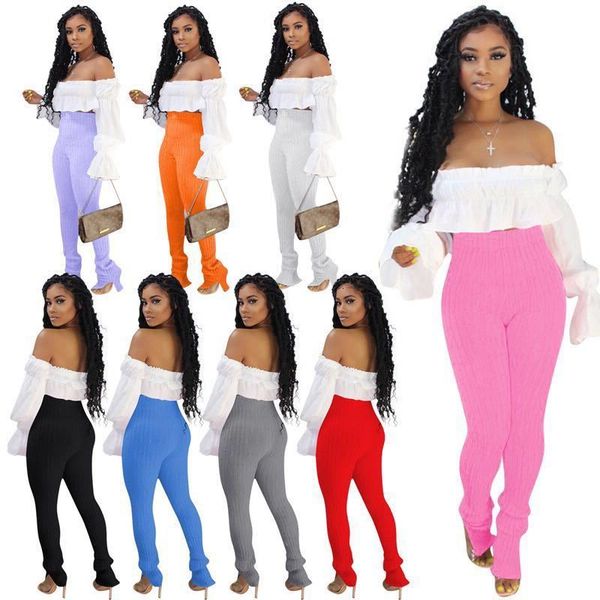 

m642-wholesale female solid knit rib slit women fashion high waist pants