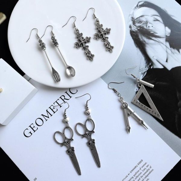 

personality harajuku punk retro special design scissors cross spoon fork compass ruler men and women charm earring, Silver