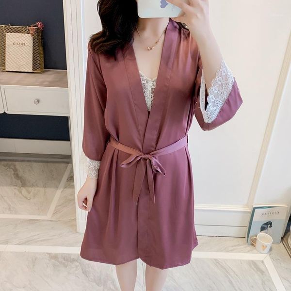 

new spring and summer ice silk women's robe nightdress bathrobe two piece suit autumn nightdress home wear nightgown1, Black;red