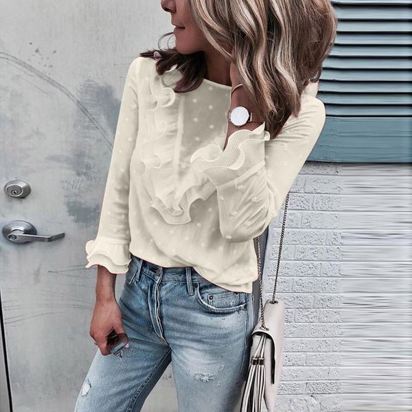 

women shirt long sleeves ladies blouse casual lace polka dot o neck shirts long sleeve female pleated elegant blusa feminia, White