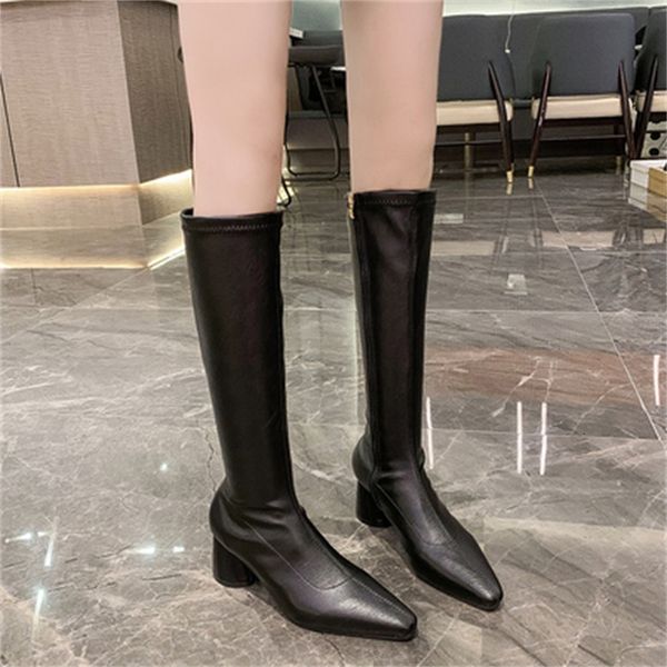 

new fashionable 2021 at knee women's leather thick boots pointed to the zip side british style lady knight boot shoes black fwm8