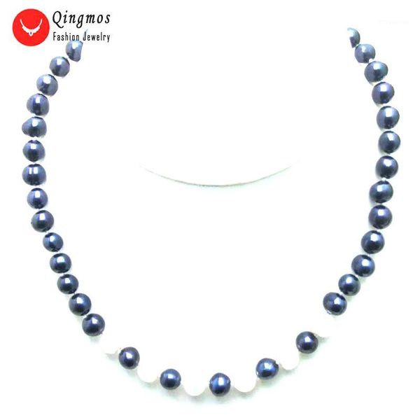 

qingmos 6-7mm round natural freshwater black pearl necklace for women with white pearl pendant necklace chokers 17" jewelry1, Golden;silver