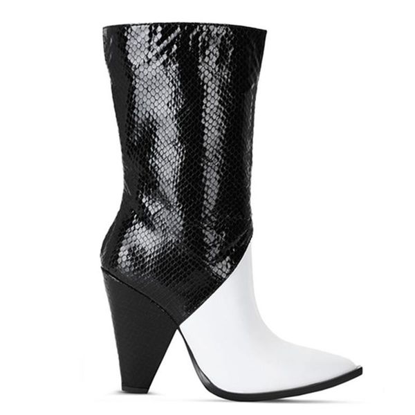 

2020 new fashion western style kid sudue mid-calf women boots cowhide patchwork ladies shoes spike-heels 10.5cm large size 34-43, Black