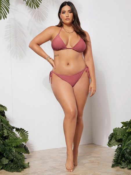 

plus solid triangle thong bikini swimsuit c6ot#, Black