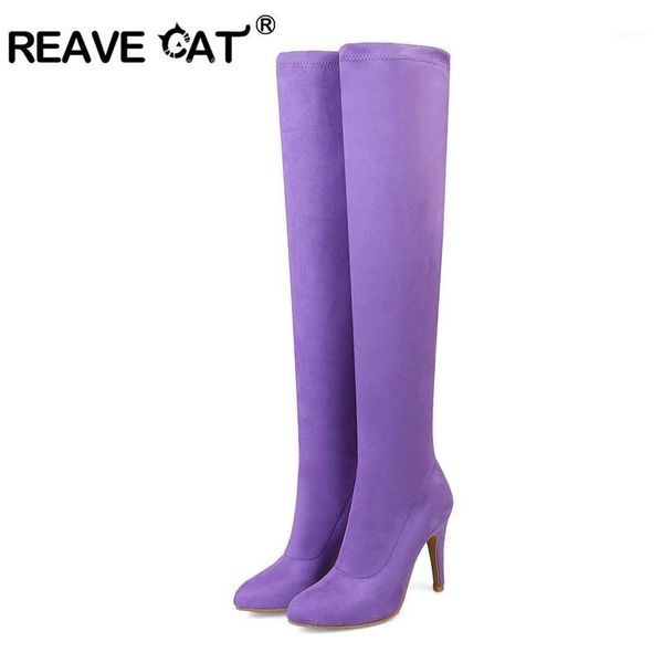 

reave cat 2020 solid winter boots over the knee high heel women boots fur warm thin heel ladies candy color a9811, Black