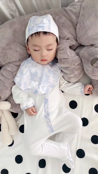 

2020 new infant romper set for baby girl hat+bib+jumpsuits clothing set baby floral jumpsuits newborn footies with box, Blue