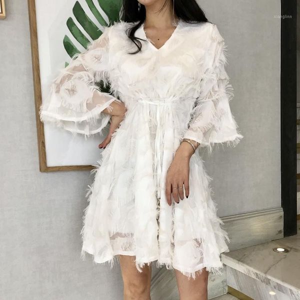 

2020 new women lolita tassels chiffon dress summer elegant flare sleeve v-neck belted vintage slim party dresses female vestido1, Black;gray