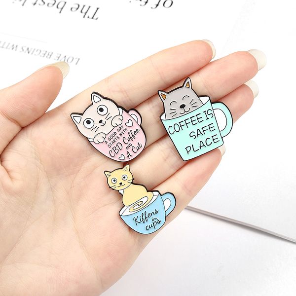 

creative cartoon character cup cat enamel pins colors coffee cats brooches for kids gift lapel pin clothes bags, Gray