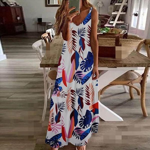

2020 summer home women printed dress bohemian plus size 5xl beach dress deep v neck sundress sleeveless long vestidos, Black;gray