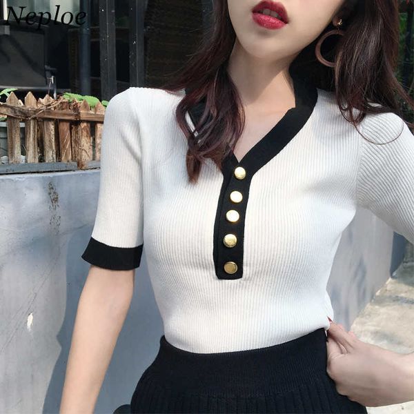 

neploe new arrival summer fashion patchwork women blouse 2021 korean short sleeve v-neck shirts casual slim female blusas 67552 sh190803, White