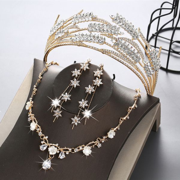 

2020 new forest bride water diamond wheat ear headdress three piece crown necklace set, Silver