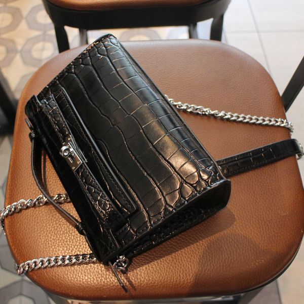 

custom spring and summer cowhide crocodile pattern kelly bag chain bag crossbody one shoulder genuine leather small clutch square bag