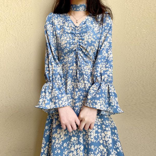 

wavsiyier print floral korean a-line vintage 2021 long sleeve dress women dresses spring party autumn woman elegant loose v neck, Black;gray