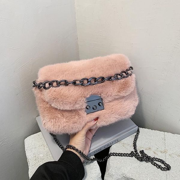 

luxury faux fur crossbody messenger bag vintage chain plush women shoulder bags designer handbag female small purse 2021 winter
