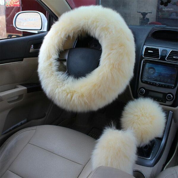 

3 pcs/set protective solid steering wheel cover handbrake accessory car interior easy install winter keep warm artificial wool1