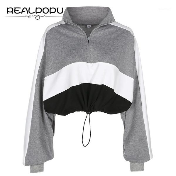 

realpopu long-sleeved pullovers hoodies deep v neck drawstring loose cropped patchwork sweatshirt women kawaii oversize 20181, Black