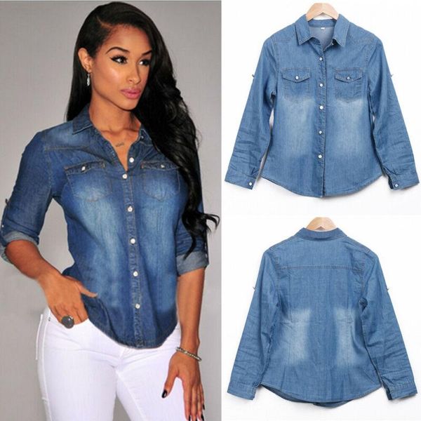 

fashion women's shirt denim blouse shirt tunic jeans blouse long sleeve spring autumn shirts streetwear, White