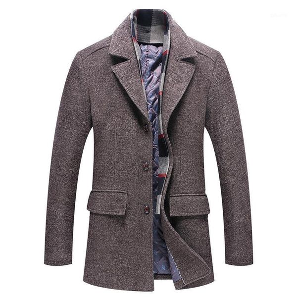 

2021 thick men's woolen coat trench cashmere coats fashionable lapel scarf collar mid-length woolen windbreaker jacket men coat1, Black