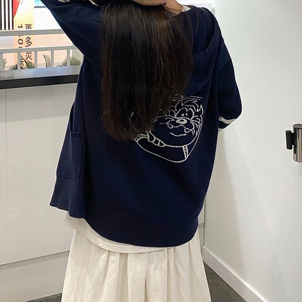 

2021 new korean autumn knitted ted cardigans womens released from cartoons embroidered cardigan hoodies (x1700) 4gev, White;black