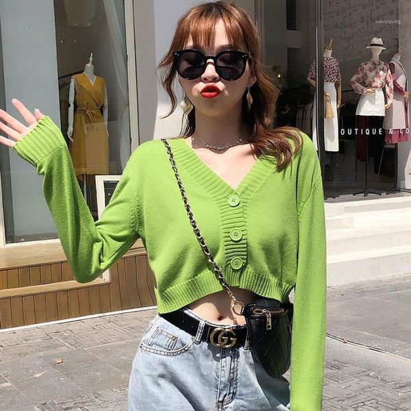 

2021 spring autumn korean style single breasted cardigans short length womens sweaters v-neck fashionable chic female knitwear1, White