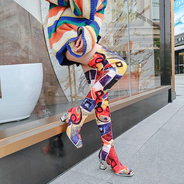 

on-the-knee 2021 woman stretch cloth impression size women's shoes europe and america heel women boots kg62, Black