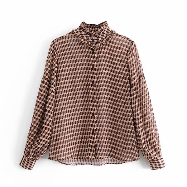 

2021 new women lozenge plaid shirts fashion ladies ruffles stand collar streetwear female puff sleeve blouse ugt9, White