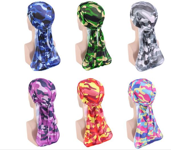 

mens military camouflage premium imitate silky durags with long tail fashion colorful 360 waves doo rag for men durag du rag cap, Blue;gray