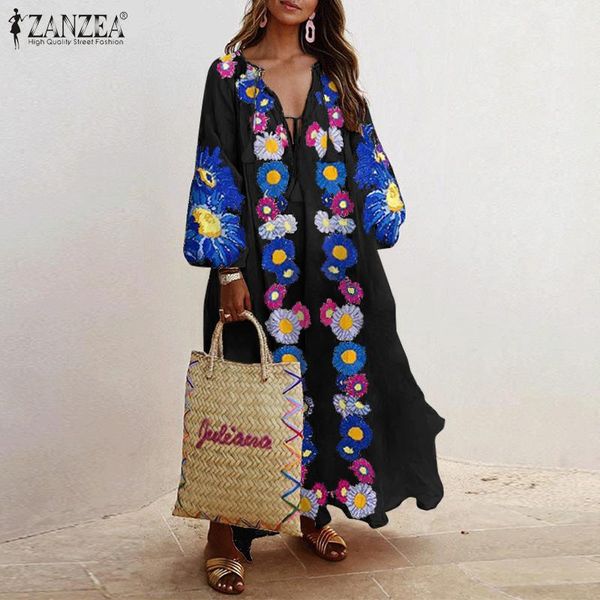 

zanzea retro bohemian women dress floral printed lace-up tassel sundress full puff sleeve vestidos robe femme plus size robe 5xl, Black;gray