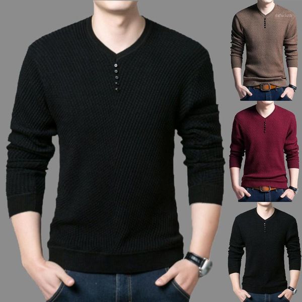 

2020 winter sweater for mens pullover o-neck slim base buttons jumpers knitted pullover solid color casual mens clothes1, White;black