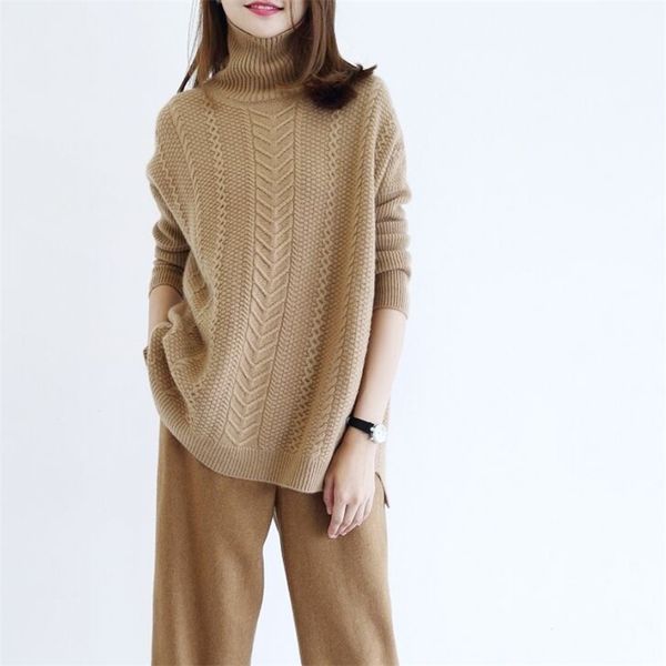 

winter women turtleneck wool loose knit sweater soft warm pullovers streetwear lj201112, White;black