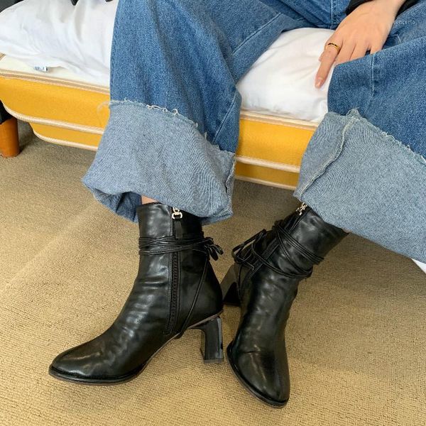 

monmoira round toe boots women lace up cross-tied ankle boots for women side zip winter shoes1, Black