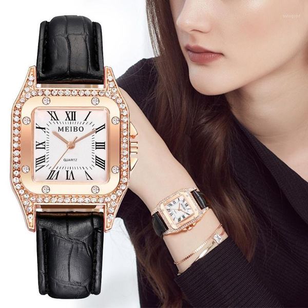 

wristwatches vintage luxury watch women square roman dial rhinestone ladies leather band quartz watches gift relogio feminino q41, Slivery;brown