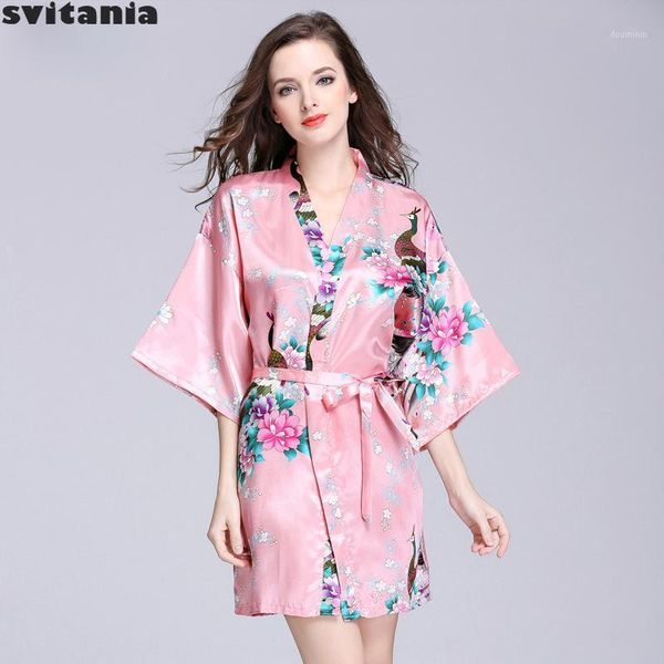 

svitania silk nightgown lady summer half sleeve peacock nightgown bathrobe large home clothes1, Black;brown