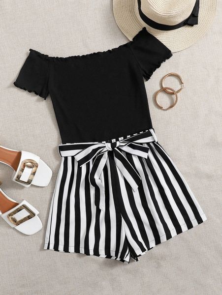 

off shoulder lettuce trim belted striped romper l1km#, White