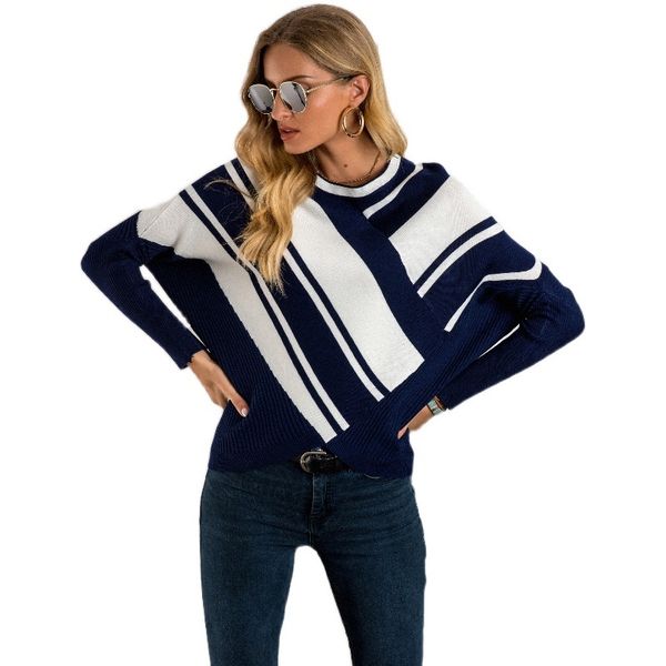 

bat sleeved round neck v-striped long sleeve large size loose women's sweater popular in winter 2020, White;black