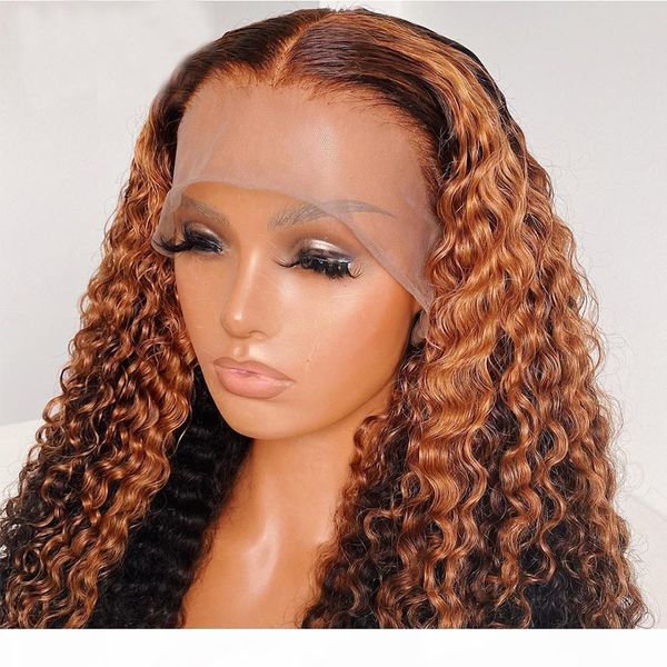 

honey blonde ombre kinky curly human hair lace front wigs t type lace wigs curly pre plucked lace wigs for women, Black;brown