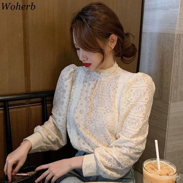 

woherb womens clothing 2020 korean spring women shirts ladies loose hollow out lantern sleeve lace female blouses 920361, White