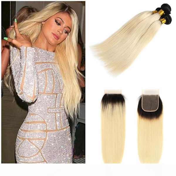 

brazilian honey blonde virgin human hair 3 bundles with closure 1b 613# straight hair weaves ombre human hair extensions closure, Black;brown