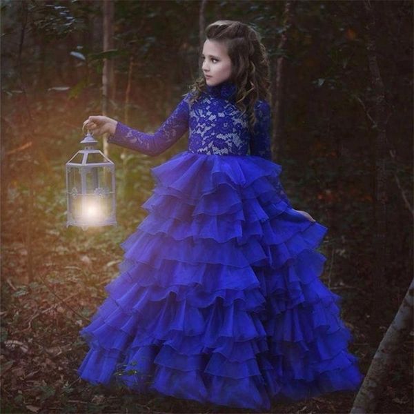 

royal blue tiered organza flower girls dresses lace long sleeve puffy toddler pageant dress jewel neck little girl brithday party gowns, White;blue