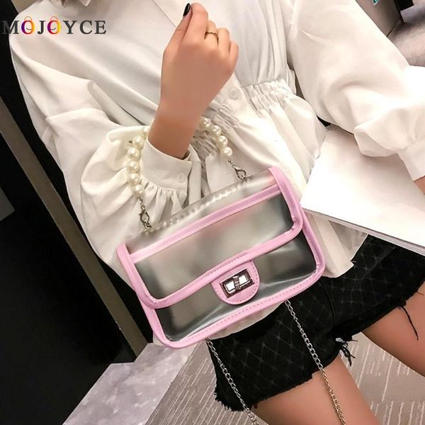 

fashion transparent pvc shoulder bag pearls beading handle handbag women chain crossbody bags