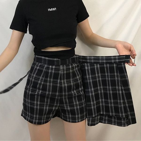 

elexs summer skirt women high waist plaid a-line skirt casual fashion kawaii student skirts shorts e2119 t200324, Black