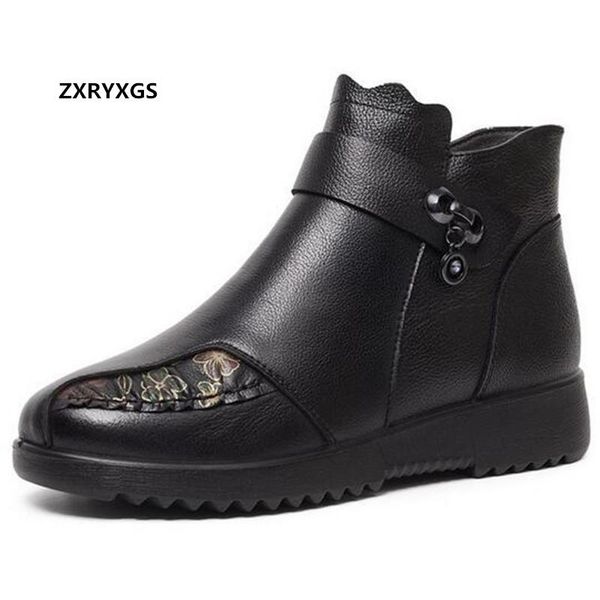 

zxryxgs brand boots mother's cotton shoes women's winter boots genuine leather short flat non-slip warm women, Black