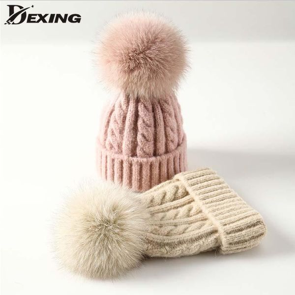 

beanie/skull caps fur pompom wool winter hat for women girl knitted striped skullies beanies thick warm female faux pom ladies, Blue;gray