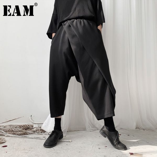 

[eam] high elastic waist black brief split harem trousers new loose fit pants women fashion tide spring autumn 2020 - lj201030, Black;white