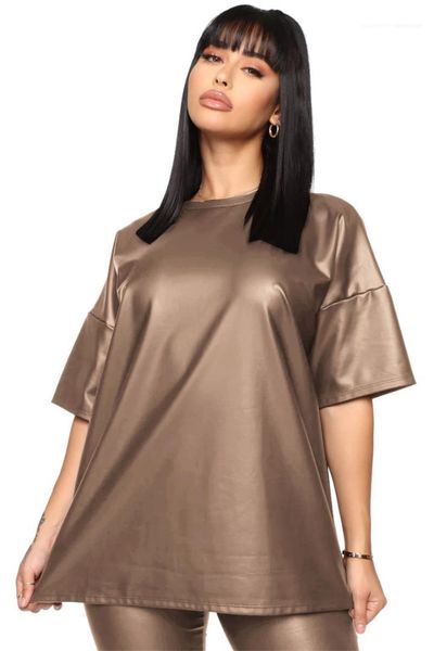 

multi color two piece set outfit fashion short sleeve long capris pants womens imitation leather tracksuits, Gray