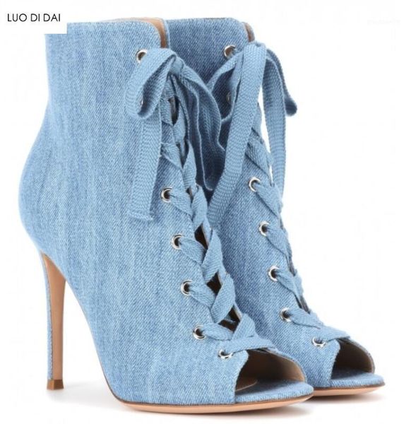 

boots 2021 fashion women denim peep toe party booties lace up ankle dress shoes high heel summer booties1, Black