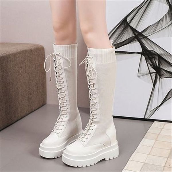 

new fashion 2021 knitted at knee-high female platfrom women's lace up to sneakers hidden mujer tan black boots 34-39 bz80