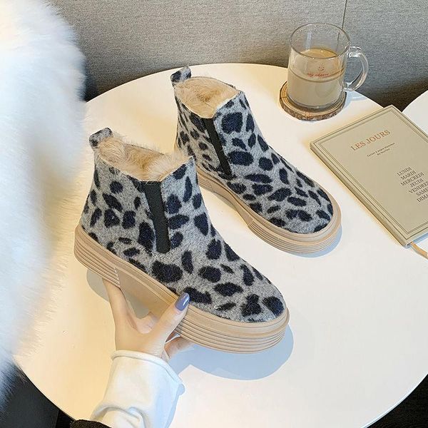 

shoes woman boots winter cotton-padded shoes with velvet leopord pattern high luxury warm plush velvet fashion, Black