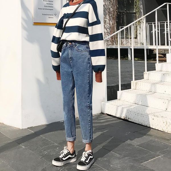 

plus velvet thick jeans female autumn and winter 2019 new loose high waist straight wide leg old pants1, Blue
