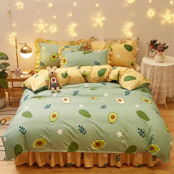 

bbset 4pcs duvet cover set avocado korean princess style small fresh bed skirt thick king size bedding set ensemble de literie